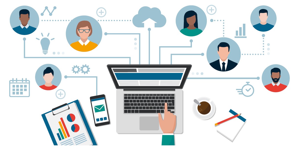 laptop with connections to people and devices